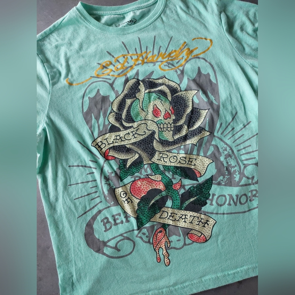 Ed Hardy Mint Green Logo Tee Black rose throwback rhinestone Unisex